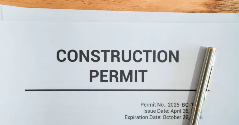 A silver pen rests on a white paper labeled “Construction Permit” in bold, black, all-capitalized letters.