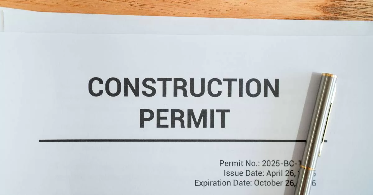 A silver pen rests on a white paper labeled “Construction Permit” in bold, black, all-capitalized letters.