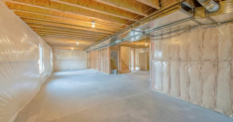 Exposed wooden framing lines the walls as insulation, ductwork, and concrete flooring remain visible.