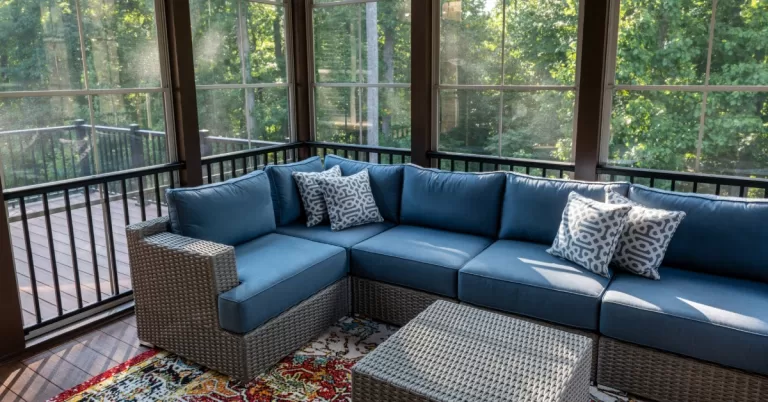A cozy sunroom features a blue L-shaped sectional sofa, a colorful rug, a wicker coffee table, and a lush green forest view.