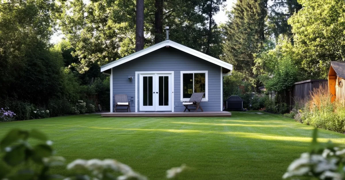 A cozy blue-gray guesthouse contains white French doors, a deck, and chairs, surrounded by a lush green lawn and trees.