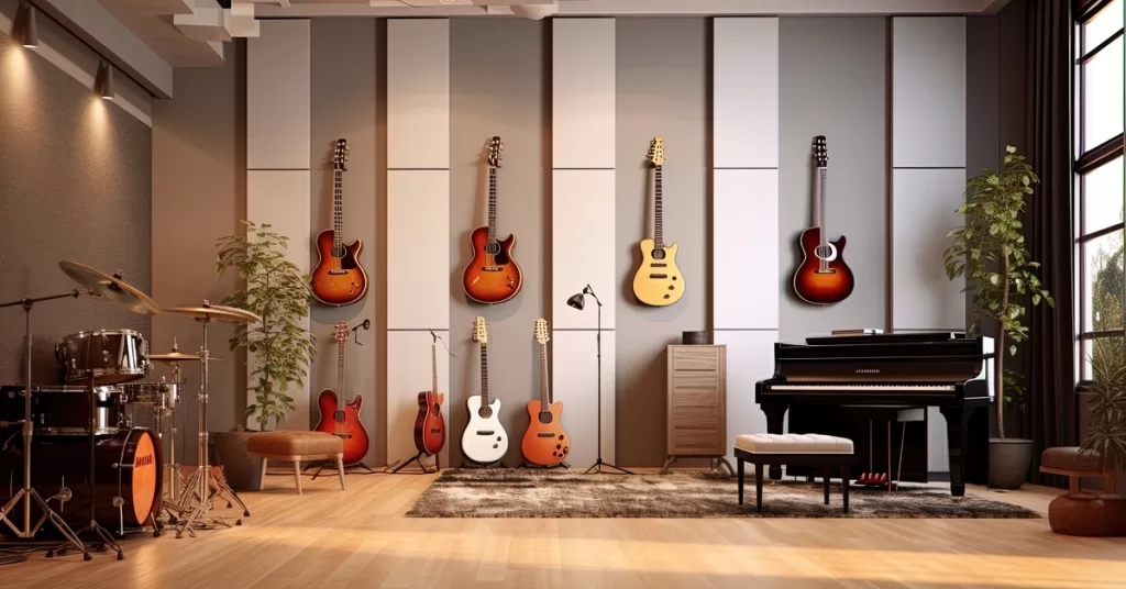 A bright music studio contains a piano, drum set, acoustic panels, hanging guitars, and potted plants on a wooden floor.